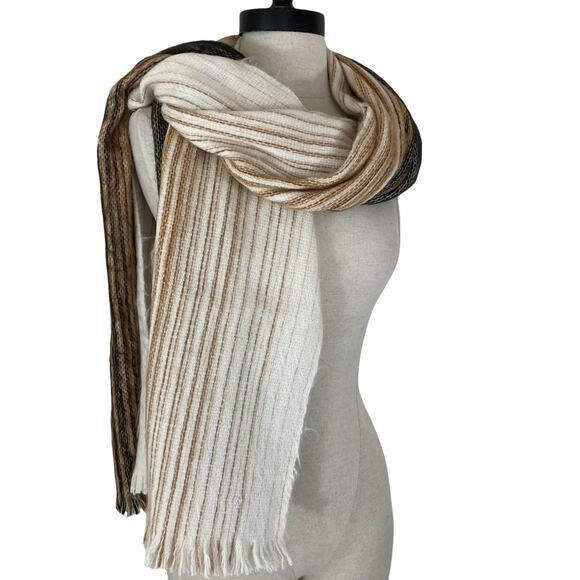 Woven fringed fuzzy throw shawl soft cream brown large rectangular wrap - Picture 1 of 8